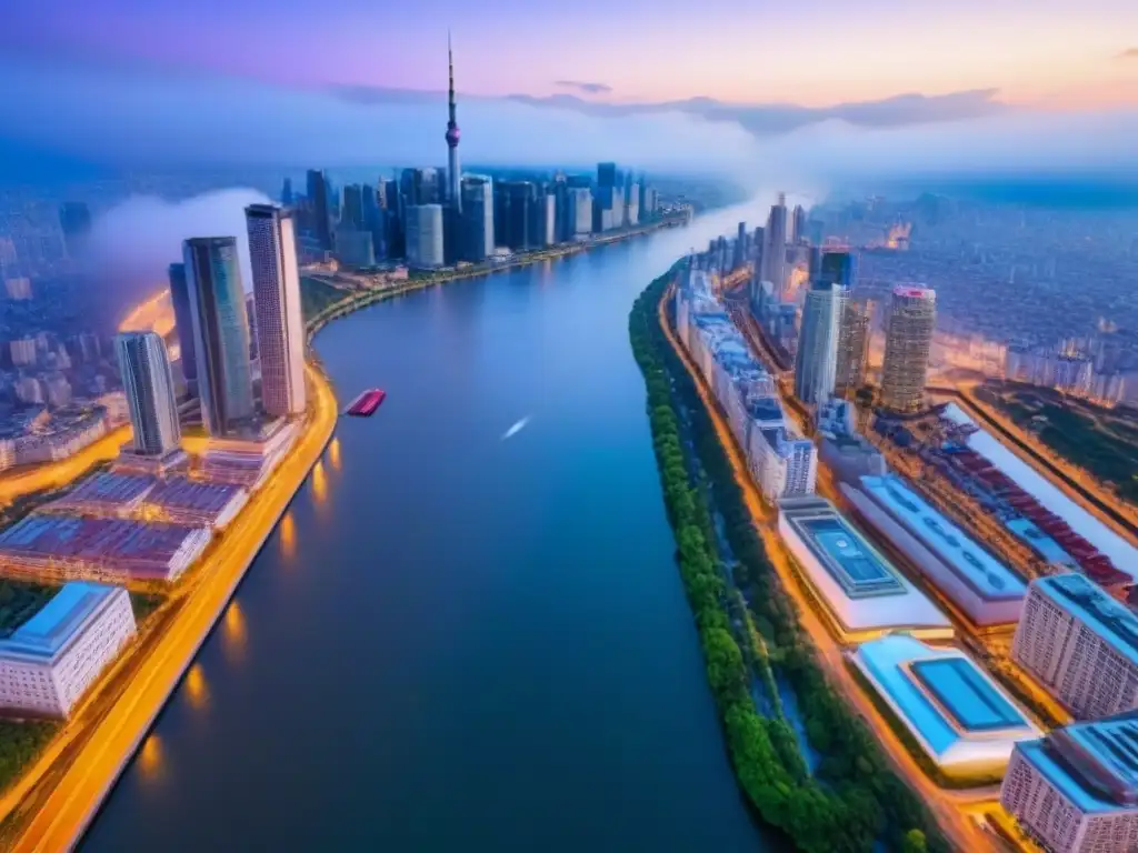 Metrópolis nocturna: luces brillantes y río sereno Inversiones inmobiliarias internacionales seguras: majestuosa ciudad iluminada al anochecer, con rascacielos reflejados en el río