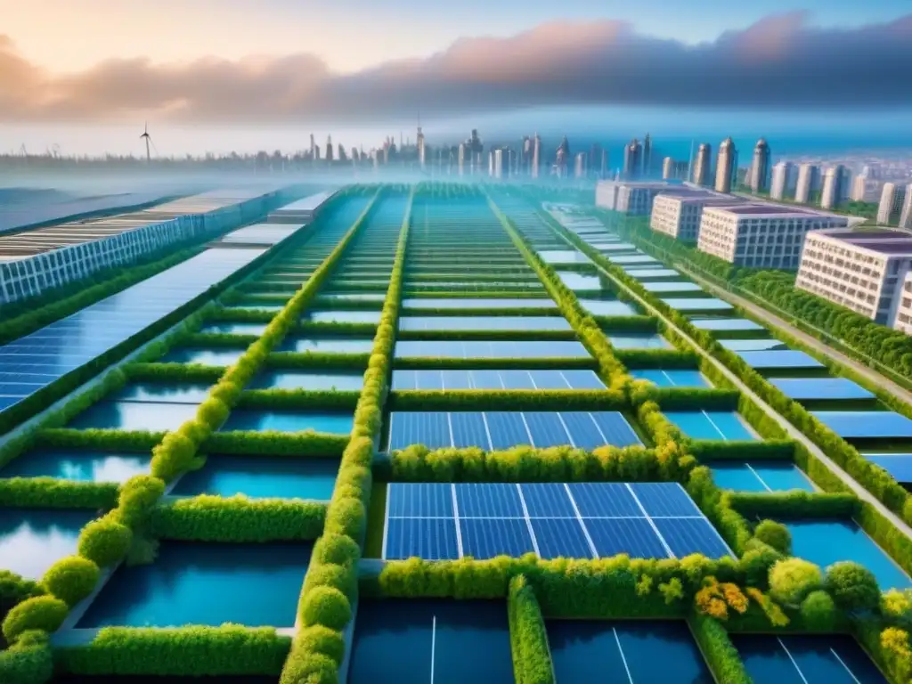 Innovadora ciudad sostenible: futuro verde y eficiente Inversiones inmobiliarias internacionales sostenibles: Ciudad futurista verde con tecnología ambiental y energías renovables