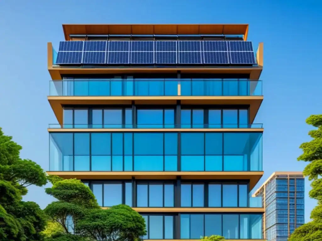 Rascacielos sostenible: innovación ecoamigable en altura Inversiones inmobiliarias internacionales sostenibles: un rascacielos moderno rodeado de vegetación, paneles solares y diseño ecoamigable