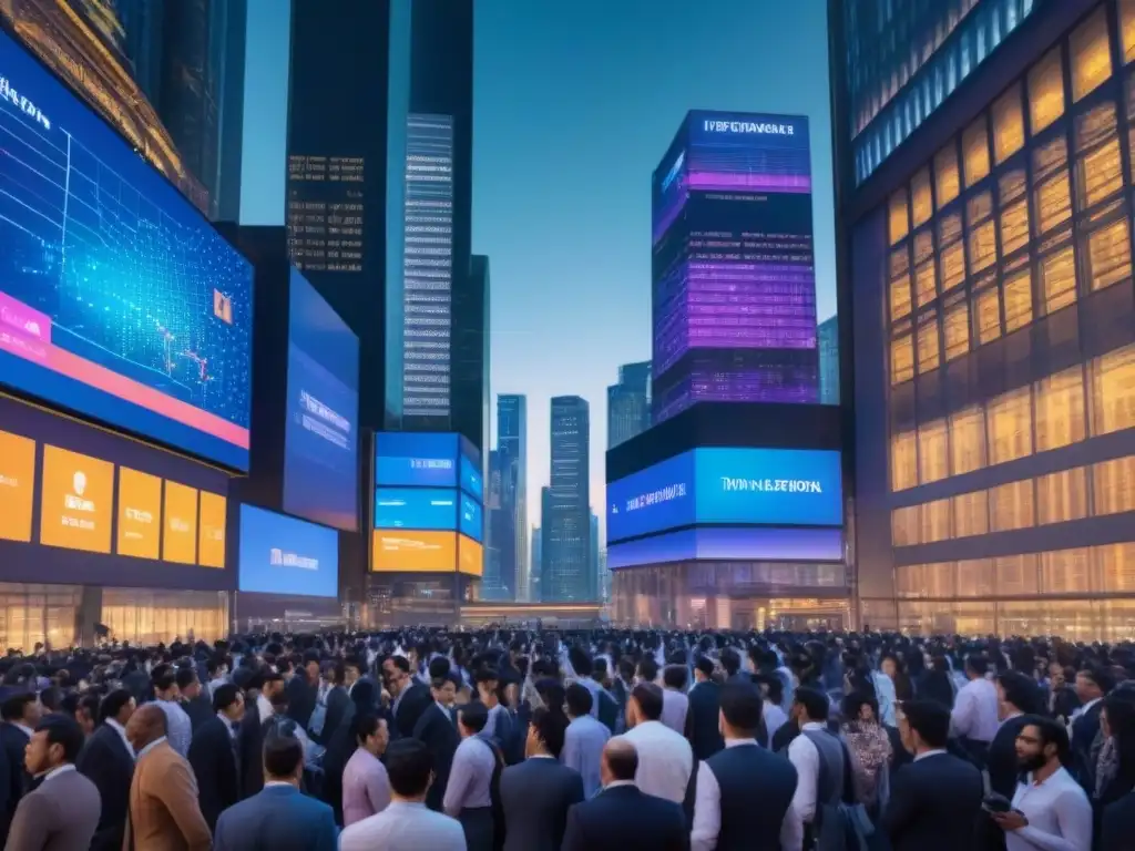 Inversores globales en futurista bolsa de valores Inversiones inmobiliarias internacionales tendencias: Futurista ciudad con rascacielos digitales y bullicioso mercado bursátil global