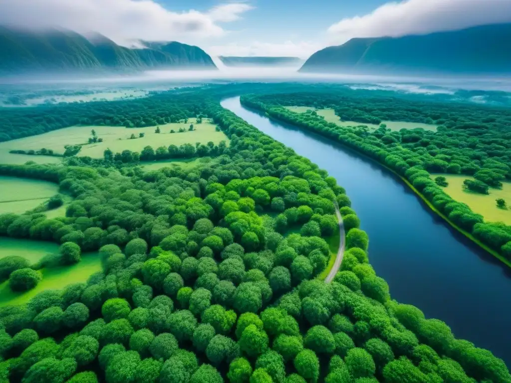 Inversión en terrenos vírgenes: belleza natural sin límites Inversiones inmobiliarias internacionales en terrenos vírgenes: paisaje verde exuberante con río cristalino bajo cielo azul