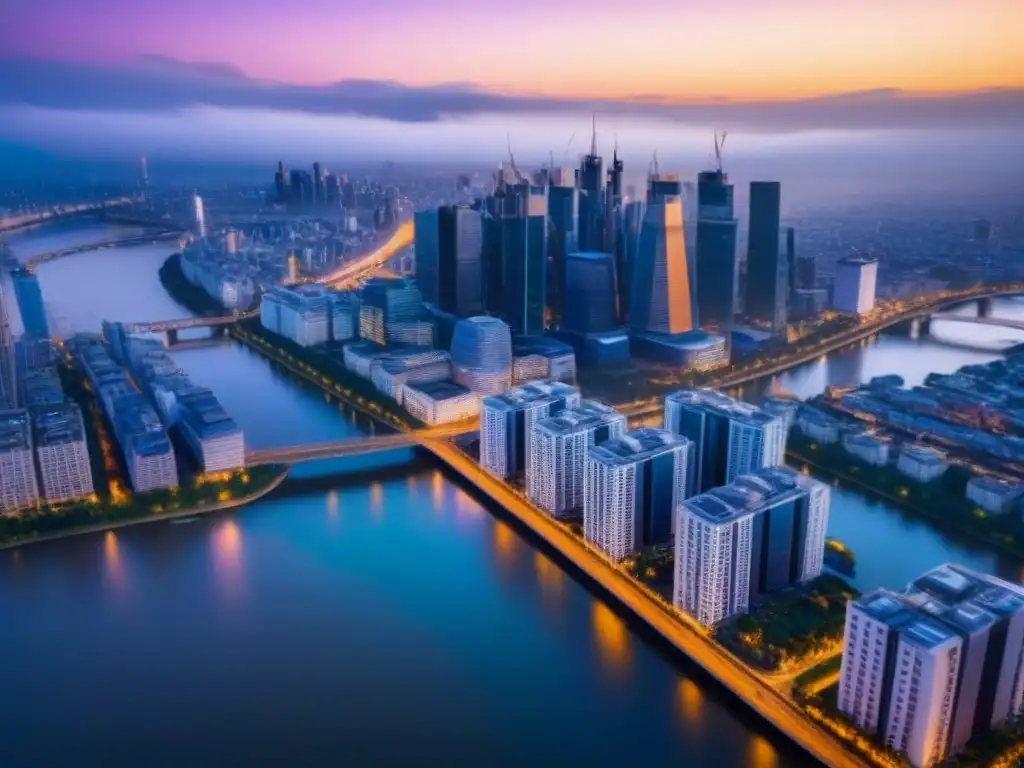 Metrópolis moderna: luces y río en atardecer vibrante Inversiones inmobiliarias internacionales para Millennials: Vista aérea de una ciudad moderna al anochecer con rascacielos iluminados y un río sereno