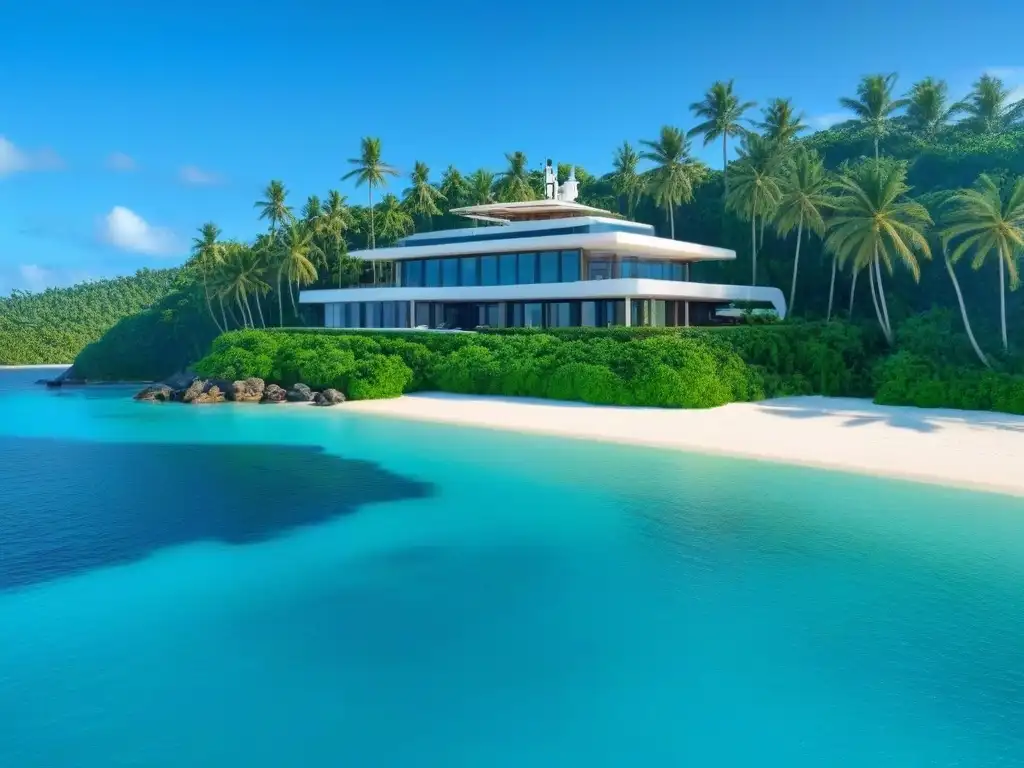 Isla privada de lujo: refugio exclusivo para inversores elite Inversiones inmobiliarias en islas privadas: Mansión moderna rodeada de aguas turquesas, piscina infinita y helipuerto
