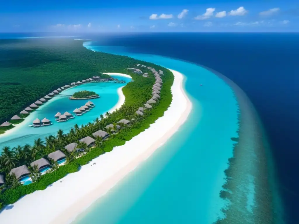 Exclusiva isla privada: lujo y privacidad en paraíso tropical Inversiones inmobiliarias en islas privadas: Vista aérea de isla privada de lujo rodeada de aguas turquesas cristalinas y villas exclusivas