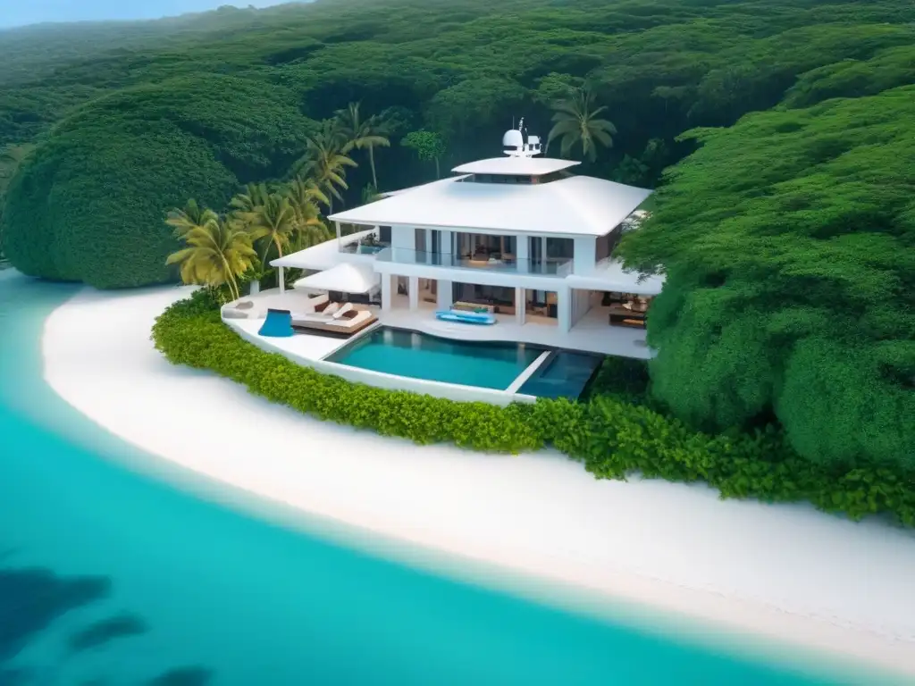 Exclusiva isla privada: lujo, privacidad y opulencia Inversiones inmobiliarias en islas privadas: Vista aérea de una lujosa mansión en una isla privada, rodeada de aguas turquesas y vegetación exuberante