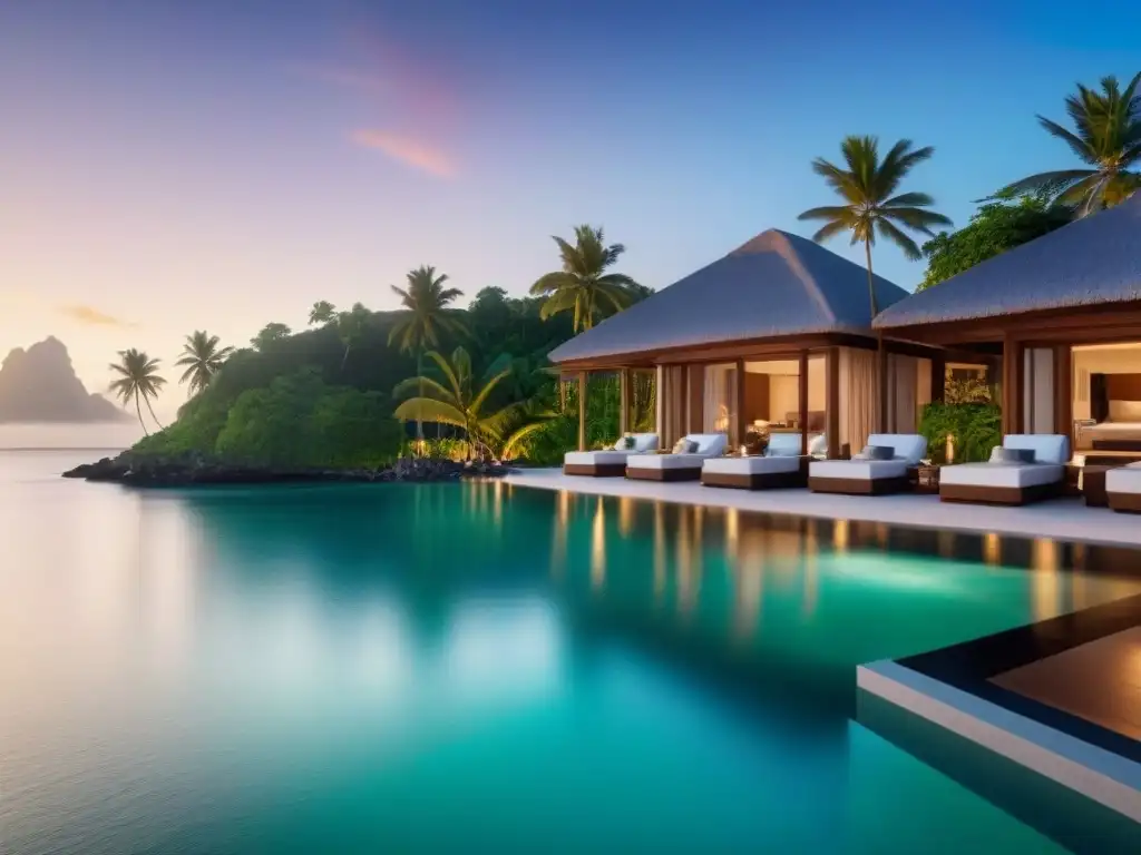 Paraíso exclusivo: Atardecer en resort de lujo en isla privada Inversiones inmobiliarias en islas privadas: Resort de lujo al atardecer con moderna arquitectura y paisaje natural