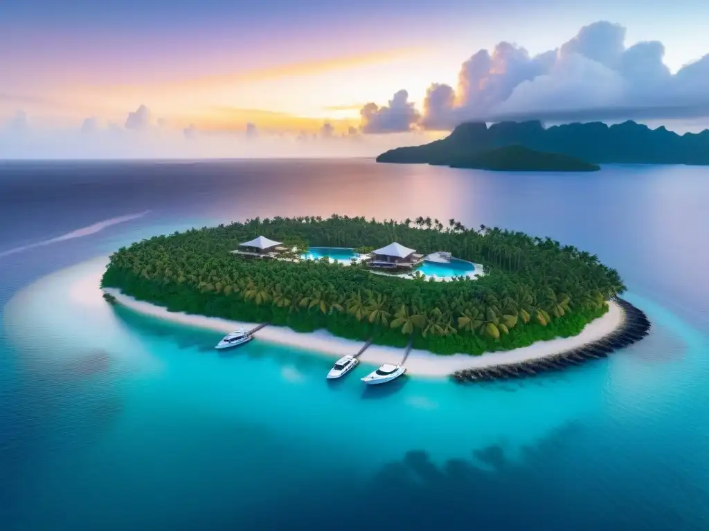 Exclusiva isla privada: lujo, arquitectura moderna y atardecer vibrante Inversiones inmobiliarias en islas privadas: Exclusiva isla privada con villas de lujo y marina al atardecer