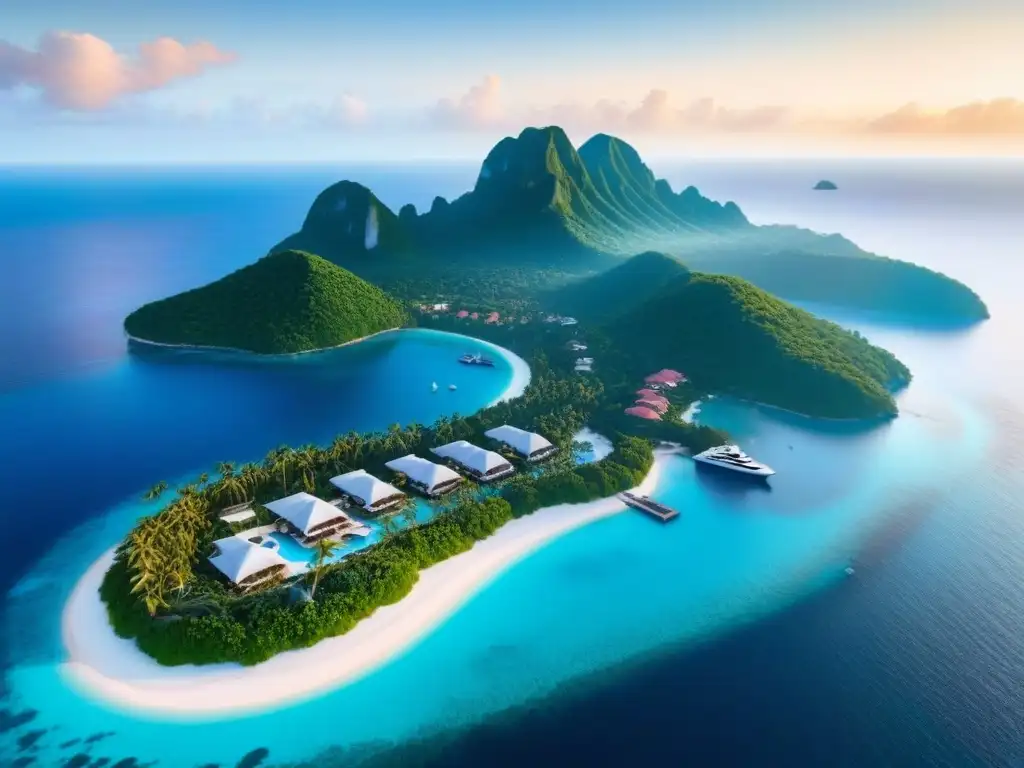 Paraíso privado: isla exclusiva con villas de lujo y aguas turquesas Inversiones inmobiliarias en islas privadas: Atardecer dorado sobre isla privada con villas lujosas y yate