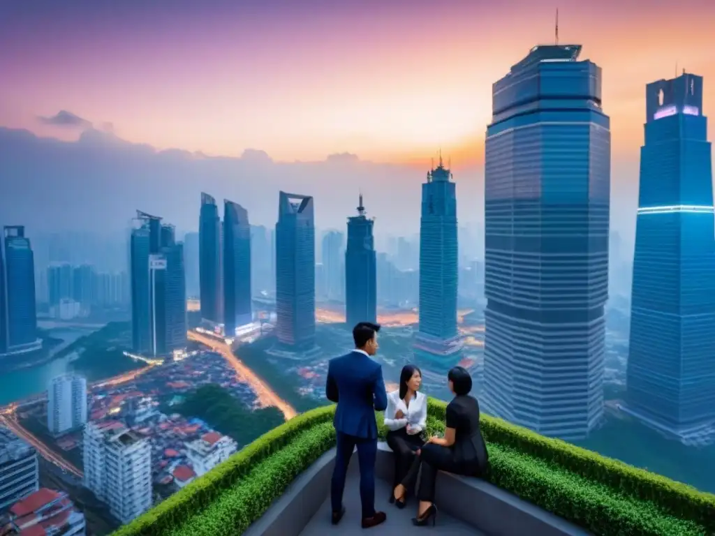 Vibrante ciudad asiática: jóvenes profesionales en acción Inversiones inmobiliarias jóvenes Asia: Jóvenes profesionales discuten frente a moderna oficina, con vibrante ciudad al atardecer