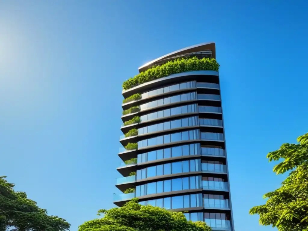 Edificio sostenible de diseño ultramoderno en entorno verde Inversiones inmobiliarias a largo plazo: Edificio sostenible rodeado de vegetación, con paneles solares en la azotea y ventanas abiertas
