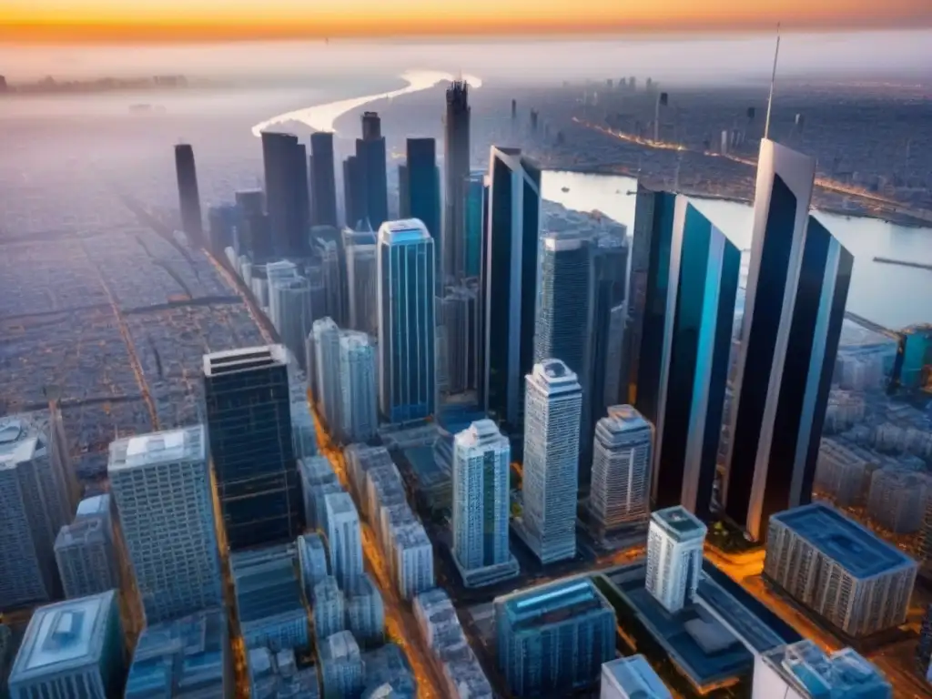 Horizonte urbano futurista al amanecer: inversión inmobiliaria en la ciudad Inversiones inmobiliarias a largo plazo: Amanecer en la ciudad moderna con rascacielos futuristas reflejando la luz del alba