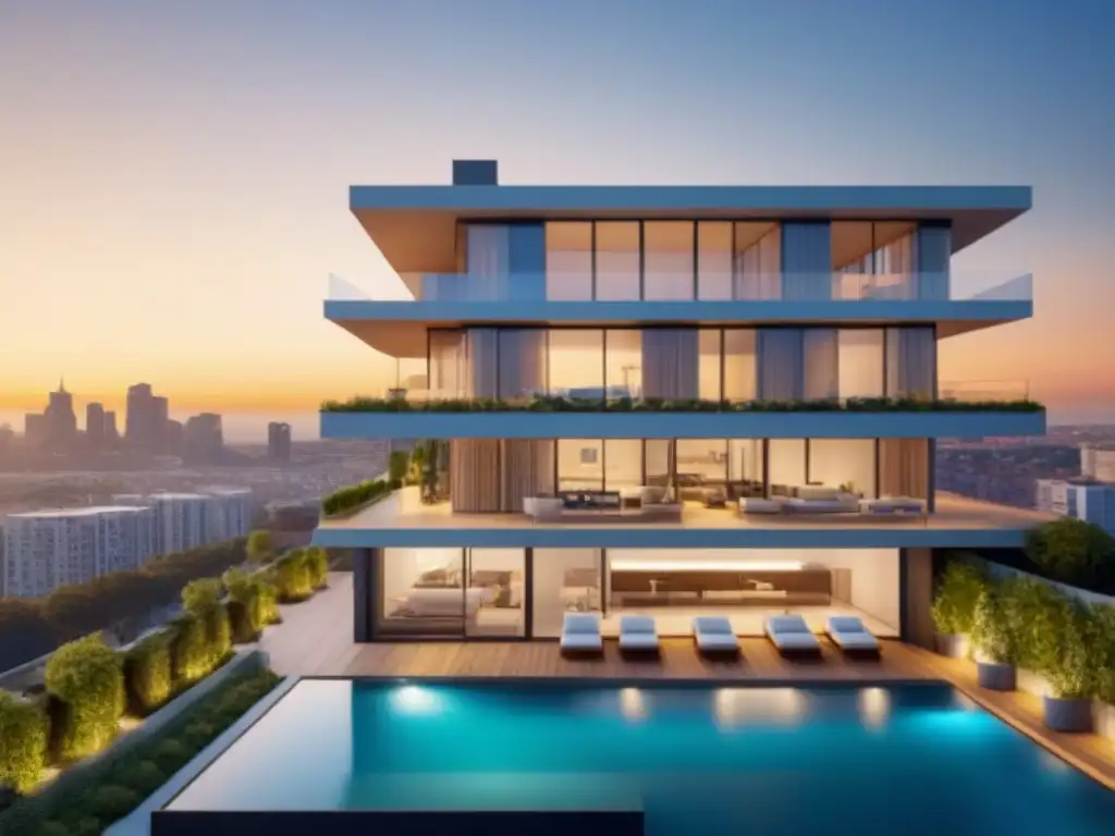 Edificio moderno al atardecer en 8k Ultra HD Inversiones inmobiliarias a largo plazo: Edificio moderno al atardecer con luz dorada y paisaje urbano