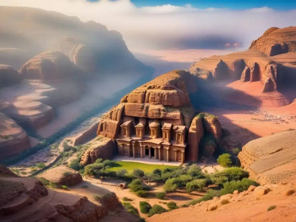 Vistas aéreas impresionantes de Petra, Jordania: lujo en roca roja Inversiones inmobiliarias de lujo en Jordania: Vista aérea impresionante de Petra, Tesoro esculpido en roca roja rodeado de desierto y cielo azul