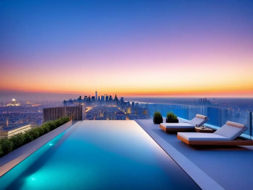 Penthouse moderno de lujo con vista panorámica al atardecer Inversiones inmobiliarias de lujo internacional: Penthouse moderno con vista a la ciudad al atardecer, terraza espaciosa y piscina infinita privada