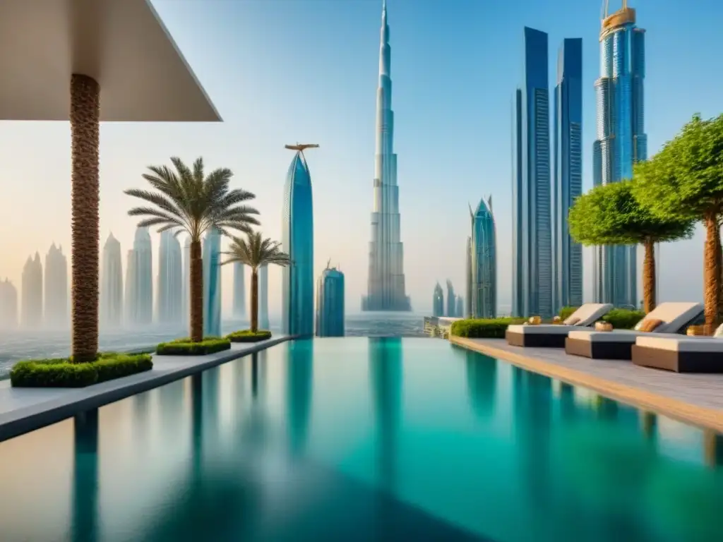 Edificio de lujo en Dubai: arquitectura contemporánea con piscina infinita en la azotea Inversiones inmobiliarias de lujo en Medio Oriente: Un rascacielos lujoso en Dubai con arquitectura contemporánea y una piscina infinita en la azotea
