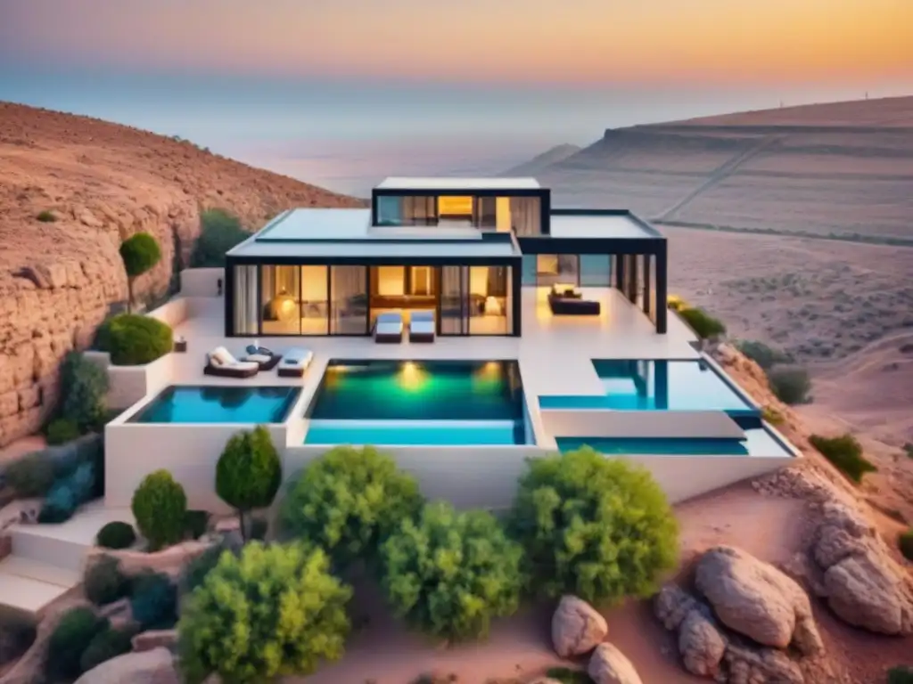 Villa de lujo en desierto rocoso de Jordania Inversiones inmobiliarias de lujo en Jordania: Villa moderna en el desierto rocoso, con piscina infinita y vistas panorámicas al horizonte árido