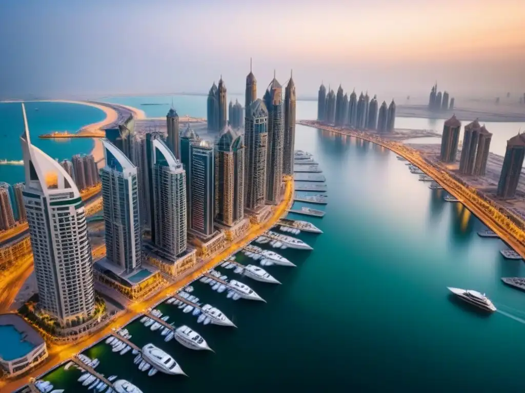 Esplendor urbano: Dubai Marina al anochecer Inversiones inmobiliarias de lujo en Medio Oriente: Vista aérea de la opulenta Marina de Dubái al atardecer, con la icónica Torre Cayan retorciéndose, yates lujosos y luces de la ciudad sobre las tranquilas aguas