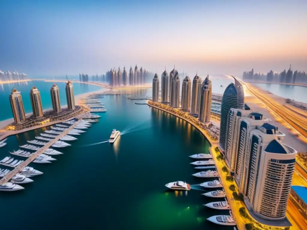 Skyline de Dubai Marina al atardecer: lujo y modernidad en Oriente Medio Inversiones inmobiliarias de lujo en Medio Oriente: Vista aérea de la impresionante línea del horizonte de Dubai Marina al anochecer, con la icónica Torre Cayan retorcida, el elegante Marina Torch y lujosos yates deslizándose por el agua, reflejando op