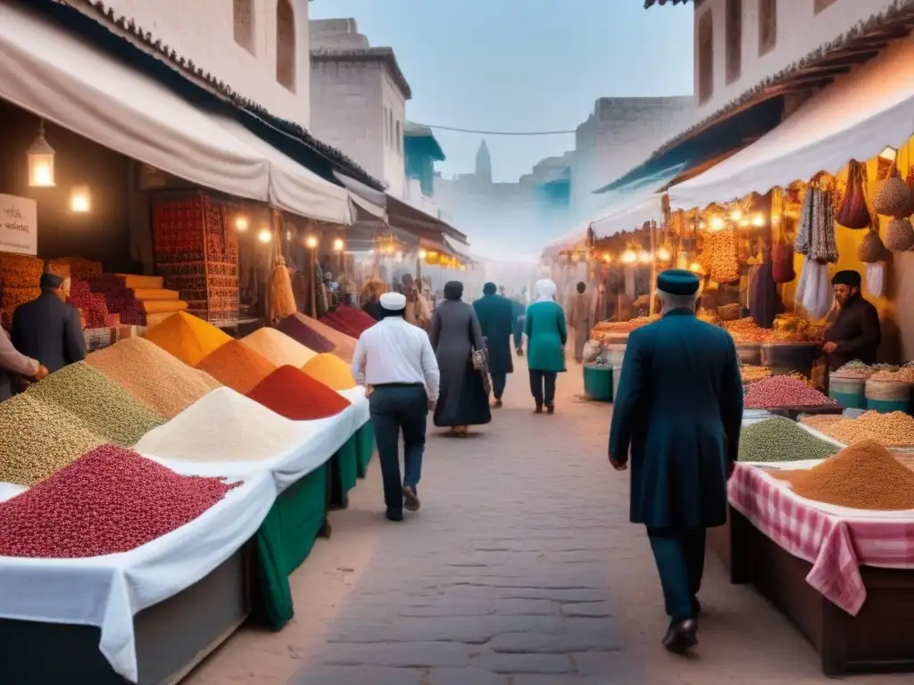 Mercado vibrante en ciudad de Oriente Medio: colores y vida cultural Inversiones inmobiliarias de lujo en Medio Oriente: Mercado bullicioso con vendedores y productos coloridos
