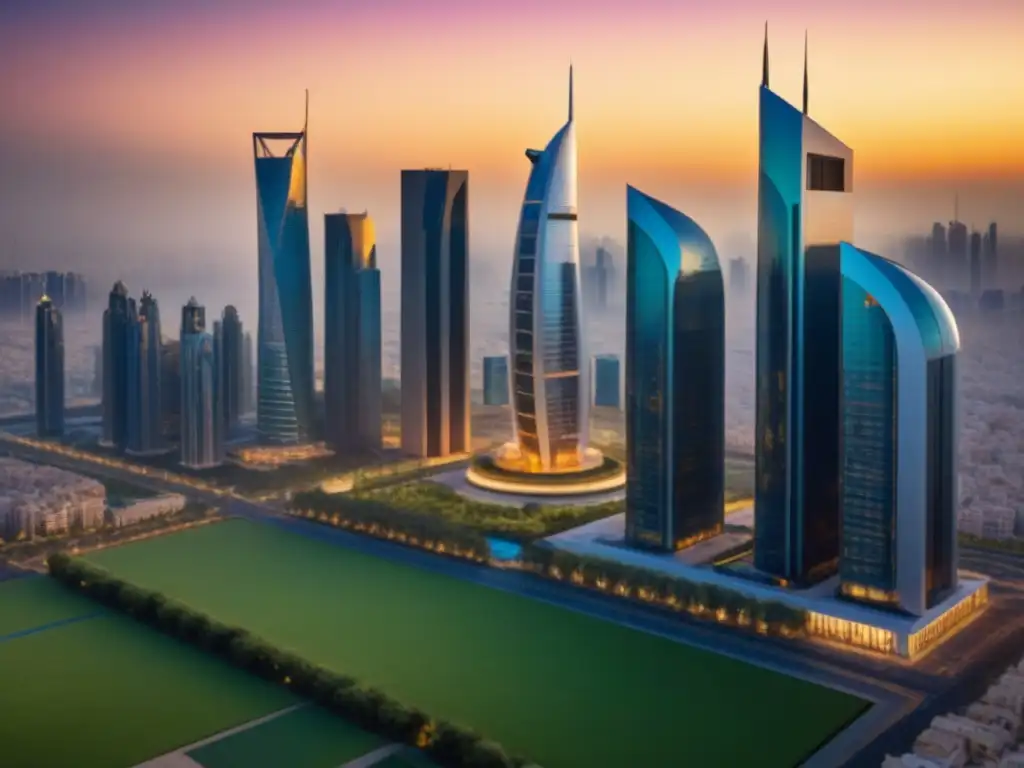 Rascacielos de lujo en Oriente Medio: opulencia y sofisticación en 8k Inversiones inmobiliarias de lujo en Medio Oriente: Rascacielos moderno y lujoso con detalles dorados, fachada de cristal y exuberante vegetación