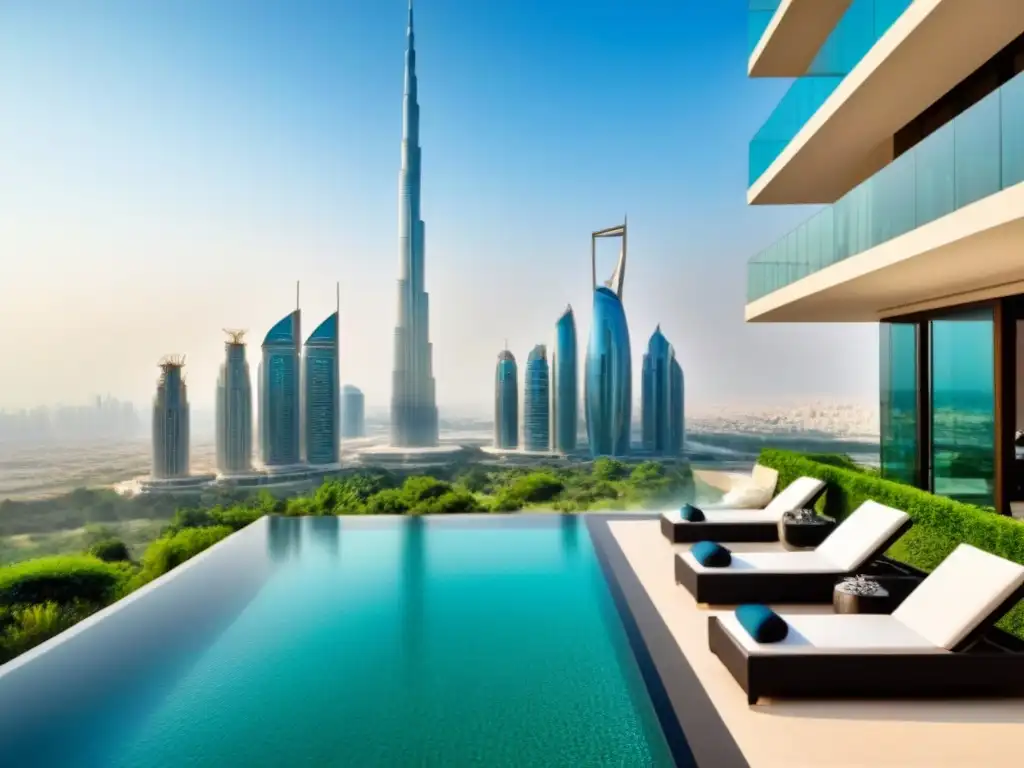 Edificio de lujo en ciudad del Medio Oriente: opulencia urbana Inversiones inmobiliarias de lujo en Medio Oriente: Edificio moderno de lujo en ciudad bulliciosa, rodeado de vegetación y con vista panorámica