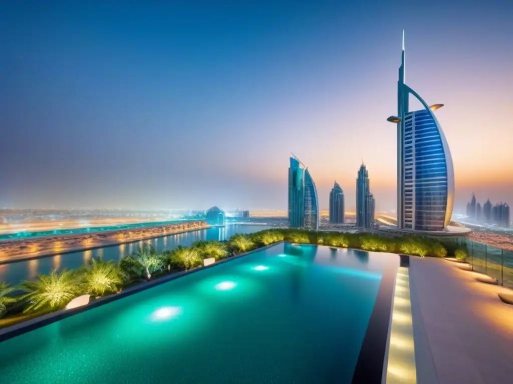 Rascacielos de lujo en Dubai con piscina infinita en la azotea Inversiones inmobiliarias de lujo en Medio Oriente: Edificio moderno en Dubai con piscina infinita en la azotea y helipuerto, rodeado de vegetación