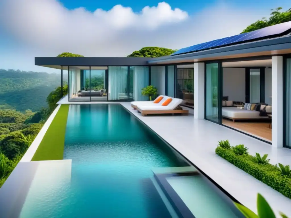 Propiedad de lujo eco-friendly: elegancia y sostenibilidad Inversiones inmobiliarias de lujo sostenibles: Propiedad ecofriendly con piscina cristalina, paneles solares y diseño moderno
