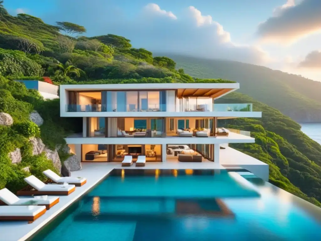 Villa ecofriendly de lujo con vistas al océano Inversiones inmobiliarias de lujo sostenibles: Villa moderna ecoamigable en acantilado con vista al océano turquesa y diseño contemporáneo