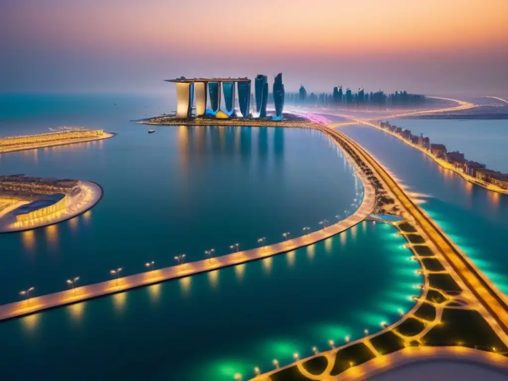Horizonte de lujo en Doha: Lusail City al atardecer Inversiones inmobiliarias de lujo en Qatar: Vista aérea de Doha con rascacielos relucientes al atardecer