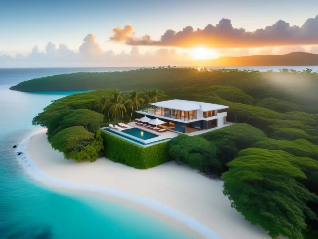 Villa de lujo en el Caribe: inversión exclusiva Inversiones inmobiliarias en el Caribe: Una lujosa villa moderna en la playa, rodeada de jardines tropicales, con aguas turquesas y atardecer dorado
