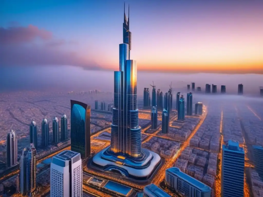 Rascacielos futurista en ciudad de Oriente Medio al atardecer Inversiones inmobiliarias en Medio Oriente: Un rascacielos futurista se alza en una ciudad vibrante al atardecer