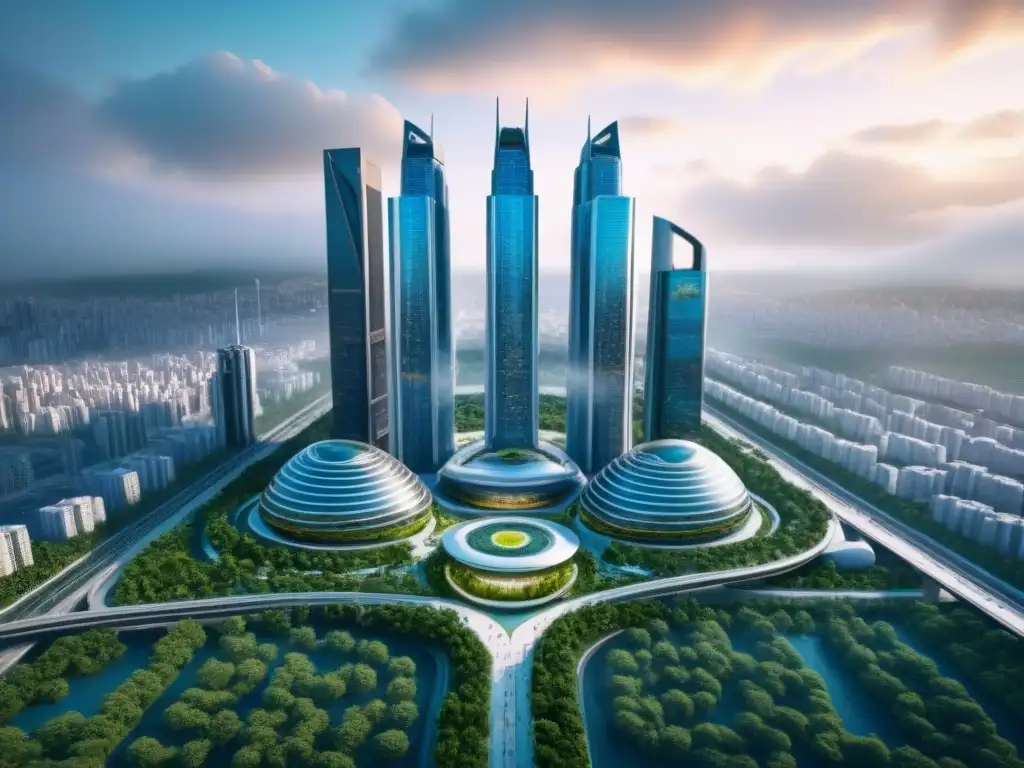 Complejo de rascacielos futurista en ciudad internacional Inversiones inmobiliarias en mercado internacional: Complejo urbano futurista con diseño sostenible y vibrante mezcla de espacios residenciales y comerciales, rodeado de exuberante vegetación y sistemas de transporte innovadores