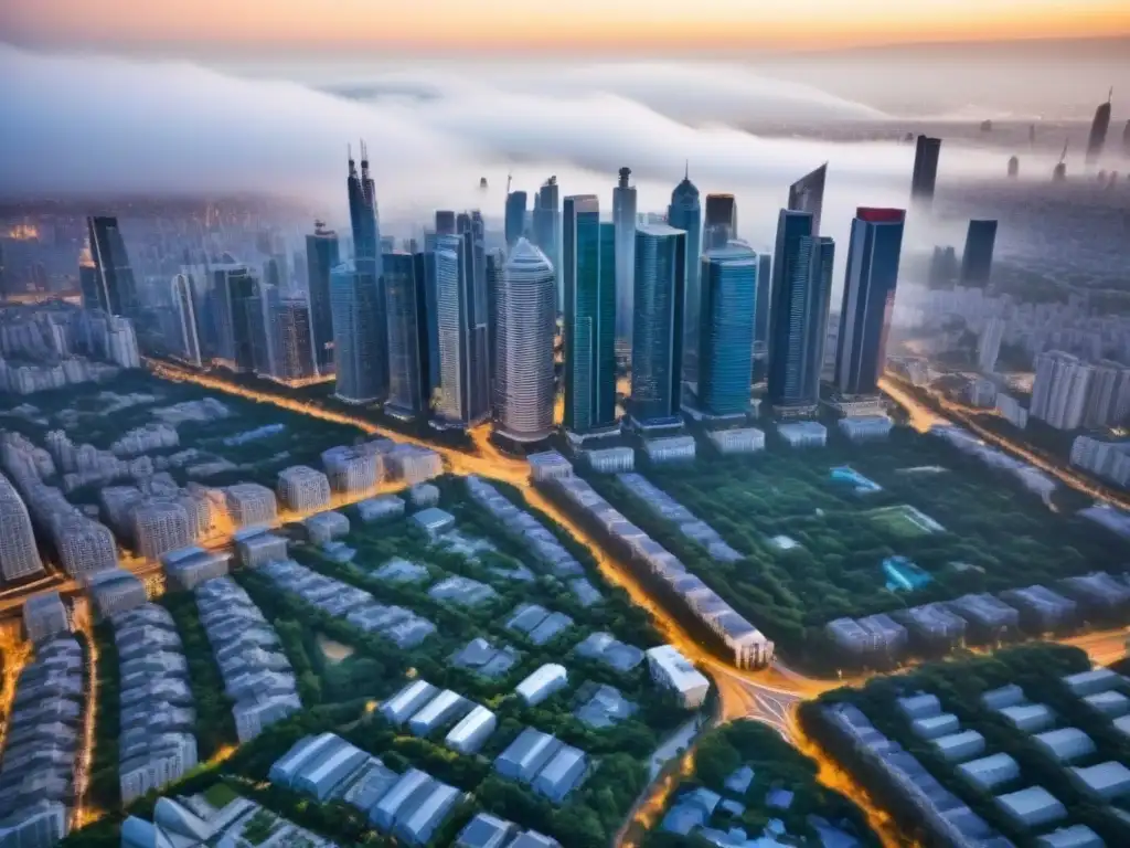 Metrópolis vibrante: arquitectura moderna y verde en auge Inversiones inmobiliarias en mercado internacional: Vista aérea de una ciudad vibrante y moderna con rascacielos y áreas verdes