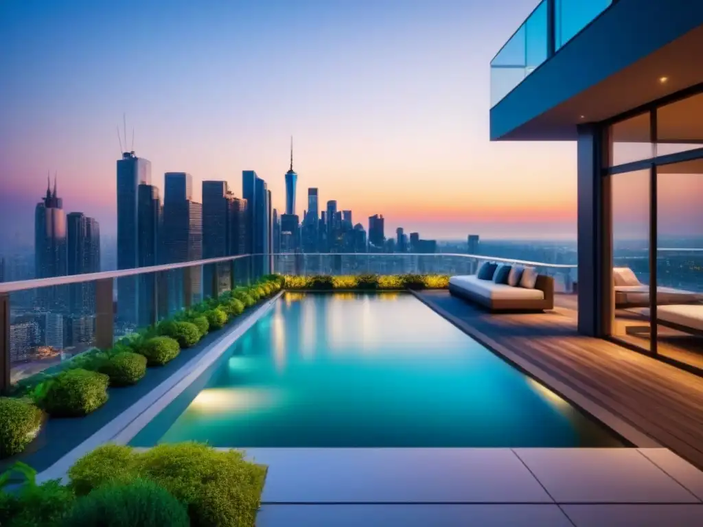 Edificio de lujo con vistas a la ciudad al atardecer Inversiones inmobiliarias en mercado internacional: Edificio moderno con vistas panorámicas de la ciudad al atardecer