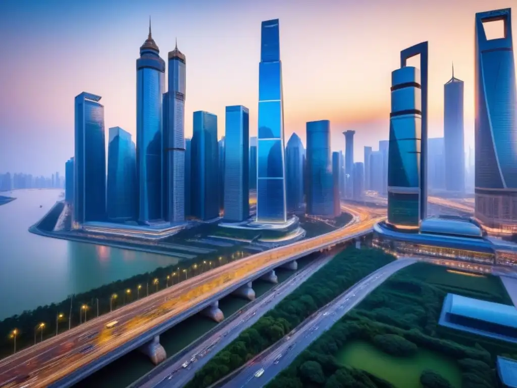 Distrito financiero global: inversores del Belt and Road Inversiones inmobiliarias mercado internacional: Atardecer en distrito financiero, rascacielos reflejan sol, inversores globales