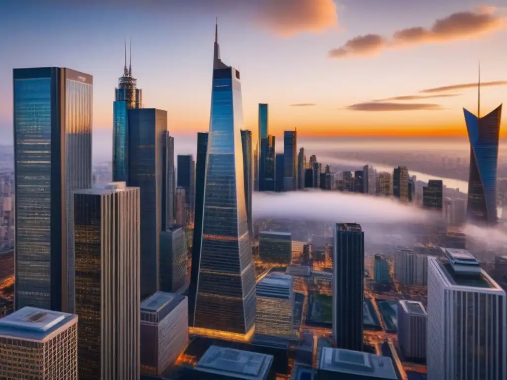 Oportunidades de inversión inmobiliaria: Ciudad moderna al atardecer Inversiones inmobiliarias mercado internacional: Atardecer dorado reflejado en modernos rascacielos de una bulliciosa ciudad