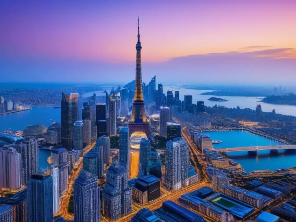 Luces del mundo: skyline global en 8k Inversiones inmobiliarias mercado internacional: Una ciudad futurista global al atardecer, iluminada por luces brillantes