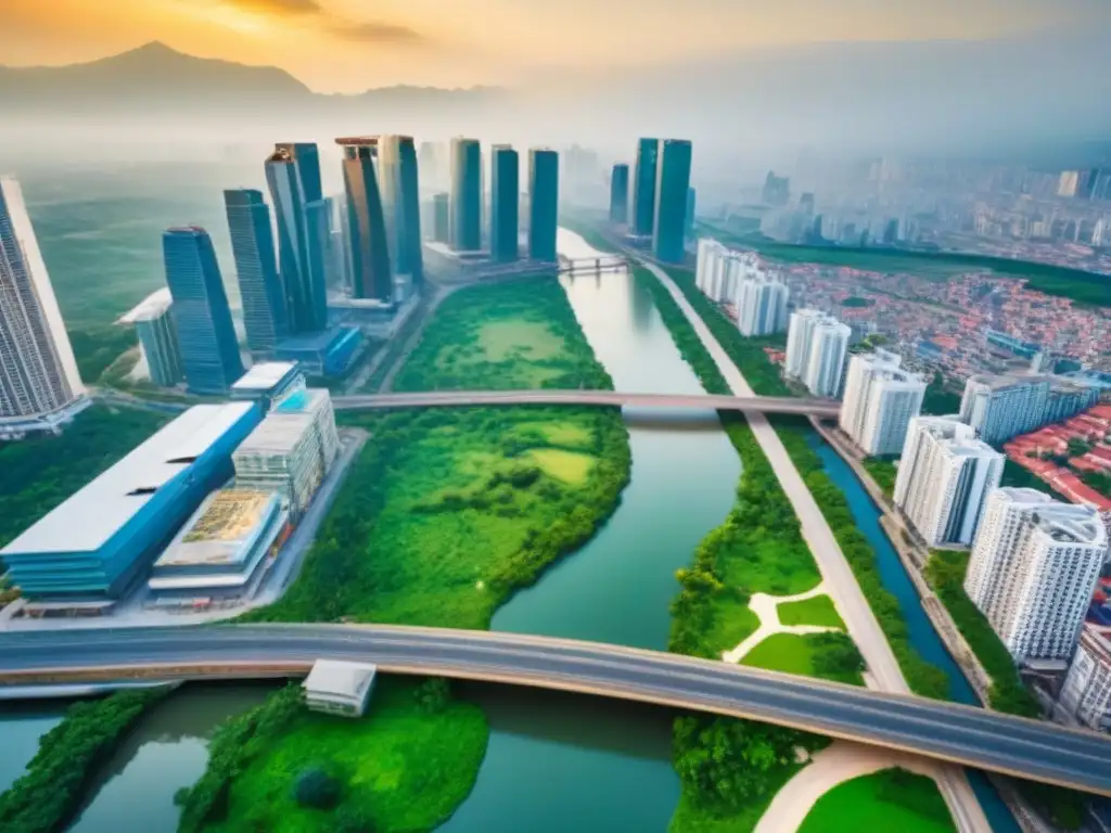 Metrópolis en crecimiento: mezcla de modernidad y tradición Inversiones inmobiliarias en mercados emergentes: Vista aérea de ciudad vibrante con rascacielos y edificios tradicionales, rodeada de vegetación y río