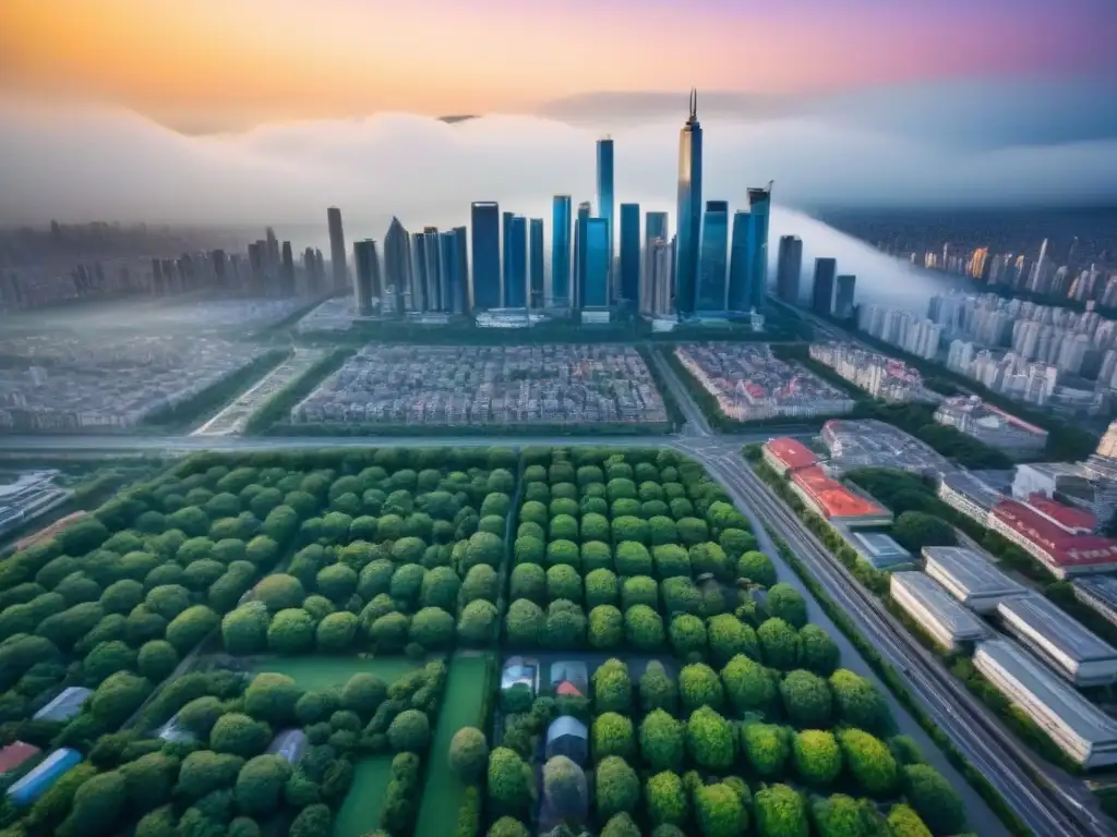 Horizonte urbano futurista en mercado emergente Inversiones inmobiliarias en mercados emergentes: Una ciudad vibrante con rascacielos, parques verdes y calles bulliciosas
