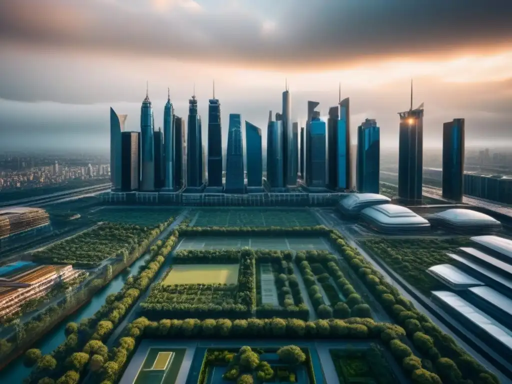 Metrópolis futurista en mercado emergente: crecimiento y oportunidad Inversiones inmobiliarias en mercados emergentes: Una ciudad futurista con rascacielos innovadores, calles llenas de vida y espacios verdes integrados