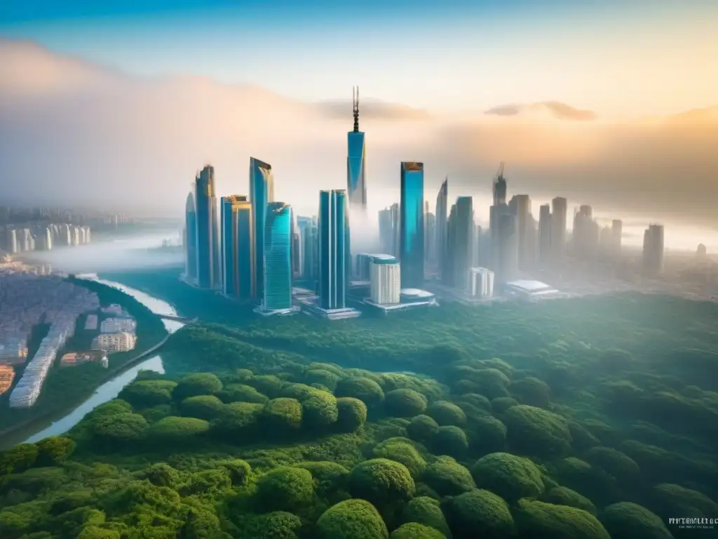Metrópolis emergente: rascacielos y naturaleza en armonía Inversiones inmobiliarias en mercados emergentes: Ciudad vibrante con rascacielos relucientes, rodeados de vegetación y arquitectura futurista