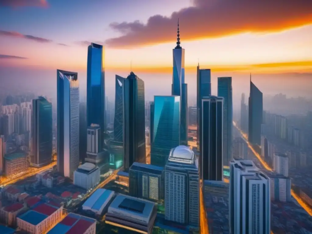 Cityscape vibrante de mercado emergente: inversión inmobiliaria en auge Inversiones inmobiliarias en mercados emergentes: Una ciudad vibrante con rascacielos modernos y calles bulliciosas llenas de gente diversa
