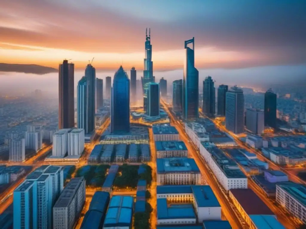 Panorámica urbana: Mercado emergente vibrante Inversiones inmobiliarias en mercados emergentes: Vista aérea de una ciudad vibrante con rascacielos modernos y arquitectura tradicional