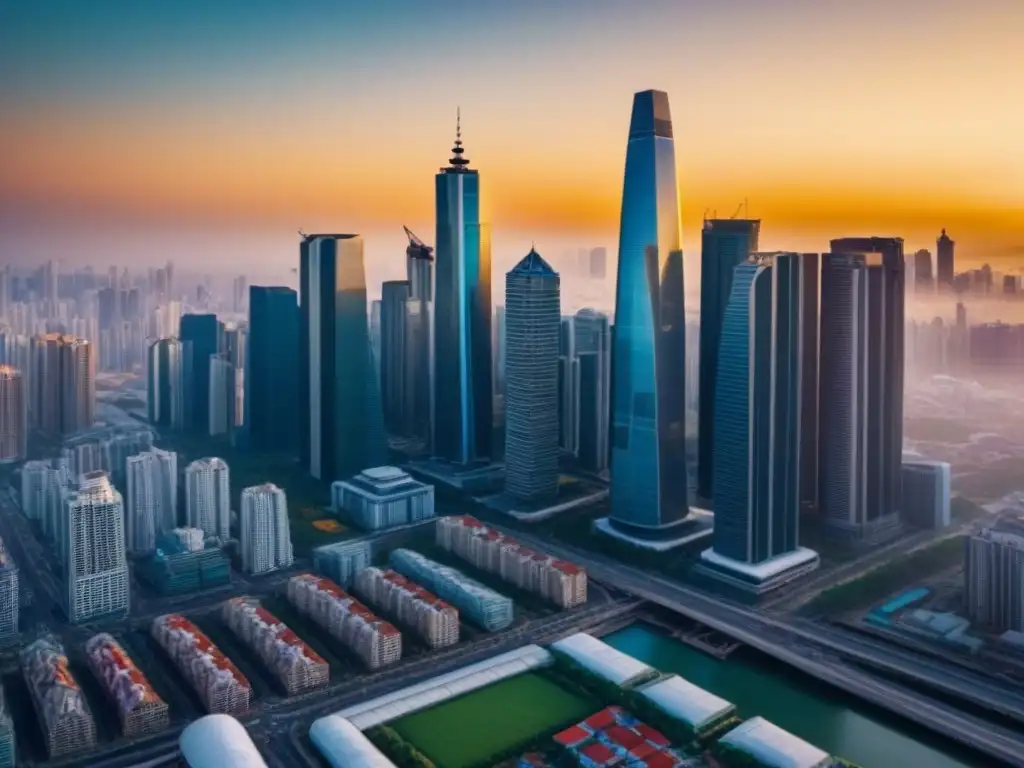 Oportunidades de inversión en mercado emergente: panorama urbano dinámico al atardecer Inversiones inmobiliarias en mercados emergentes: Skyline urbano con edificios modernos y arquitectura tradicional, profesionales diversificados y atardecer dorado reflejado en rascacielos