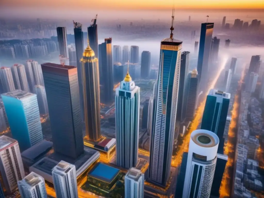 Vibrante metrópolis en mercado emergente: luces y contrastes Inversiones inmobiliarias en mercados emergentes: Ciudad vibrante entre lo moderno y tradicional bajo la luz dorada del sol