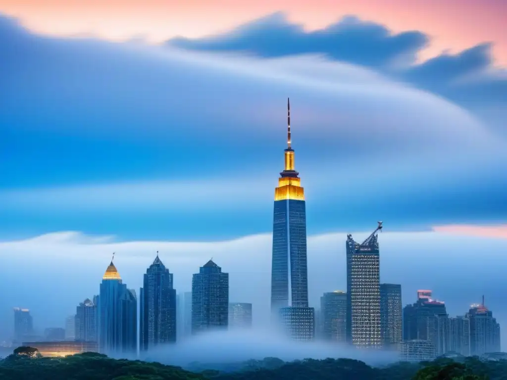 Horizonte moderno en auge: inversión inmobiliaria en mercados emergentes Inversiones inmobiliarias en mercados emergentes: vibrante ciudad con rascacielos modernos bajo cielo azul claro