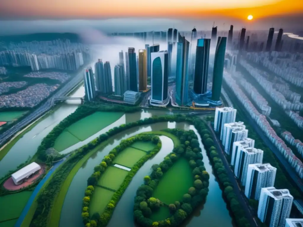 Horizonte dorado: ciudad emergente vibrante y moderna Inversiones inmobiliarias en mercados emergentes: Atardecer dorado sobre bulliciosa ciudad con rascacielos y parques verdes