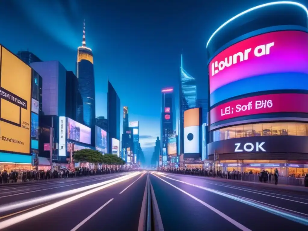 Metrópolis futurista iluminada: luces y rascacielos Inversiones inmobiliarias en mercados estables: Ciudad futurista nocturna con rascacielos iluminados y anuncios de neón