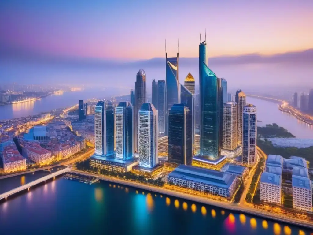 Cityscape vibrante al atardecer: inversión segura y próspera Inversiones inmobiliarias en mercados estables: Ciudad moderna iluminada de noche, reflejos en río, próspera y dinámica