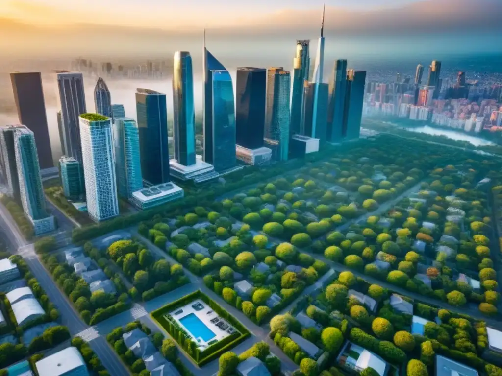 Horizonte urbano de prosperidad: rascacielos en ciudad estable Inversiones inmobiliarias en mercados estables: Skyline moderno con rascacielos comerciales y residenciales, reflejando la prosperidad de la ciudad